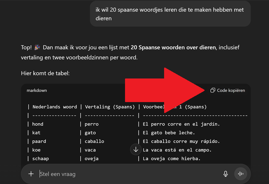 Klik op de kopieer knop rechtsboven in de AI tabel